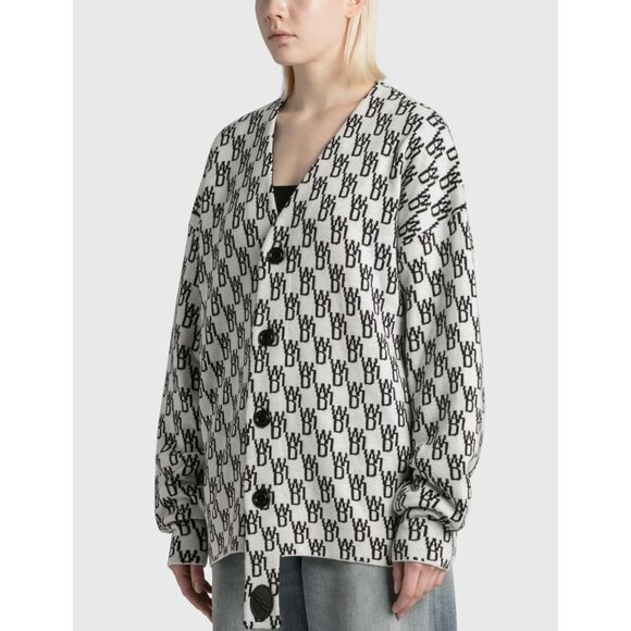 WE11DONE WD1 White Black Logo Wool Cashmere Jacquard Cardigan Sweater, Size S - Picture 2 of 16